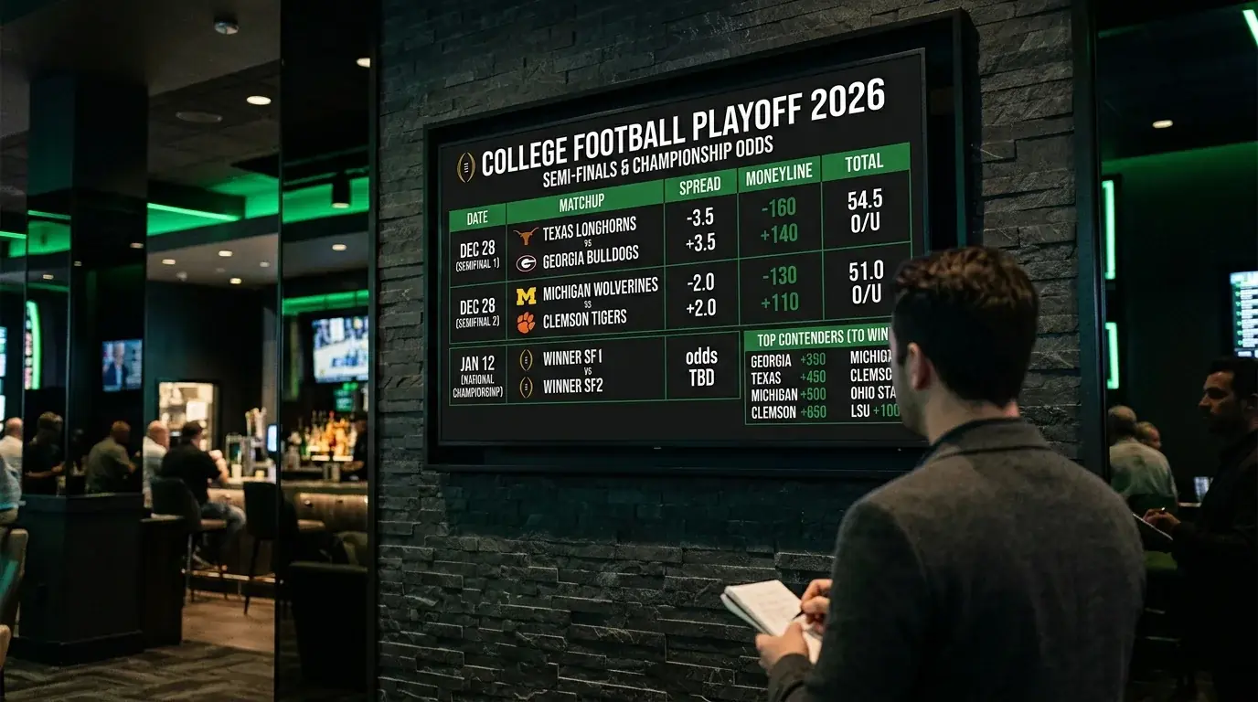 Pizarra deportiva con cuotas de futuros del College Football Playoff mostrando equipos favoritos