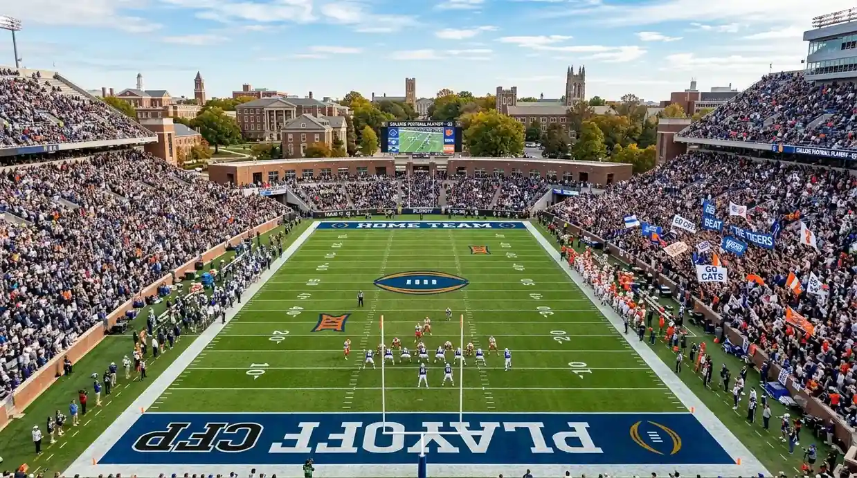 Estadio universitario durante un partido de primera ronda del College Football Playoff con aficionados en las gradas