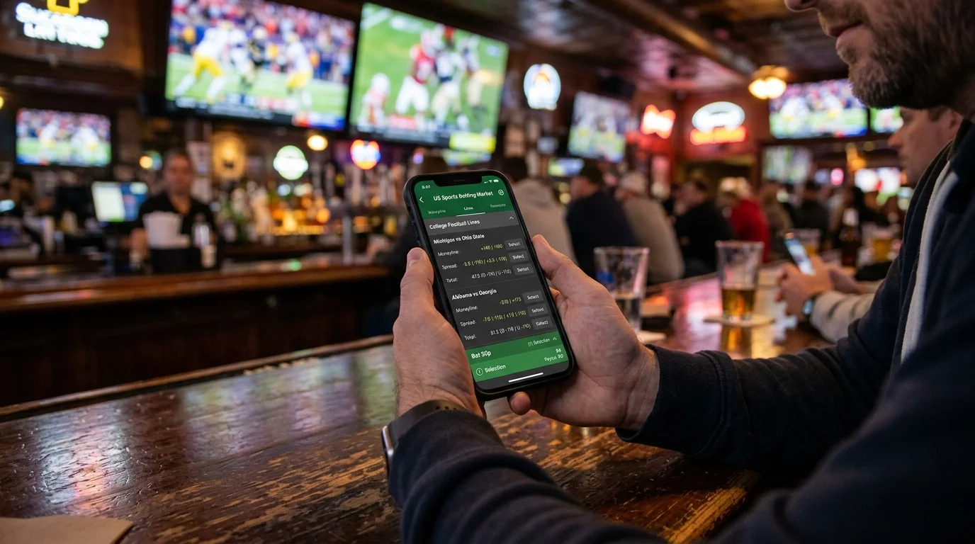 Pantalla de plataforma de apuestas deportivas mostrando líneas de college football en un dispositivo móvil