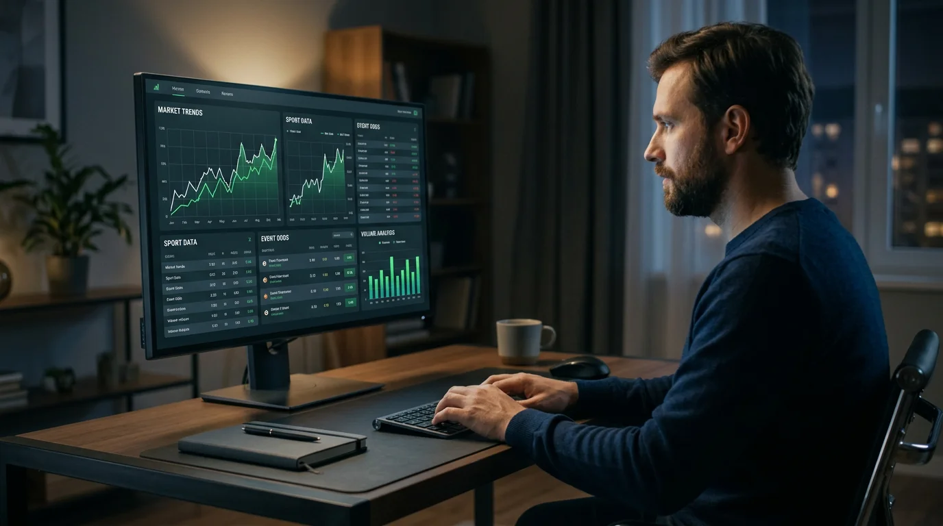 Persona analizando gráficos de mercados predictivos y cuotas deportivas en una pantalla de ordenador