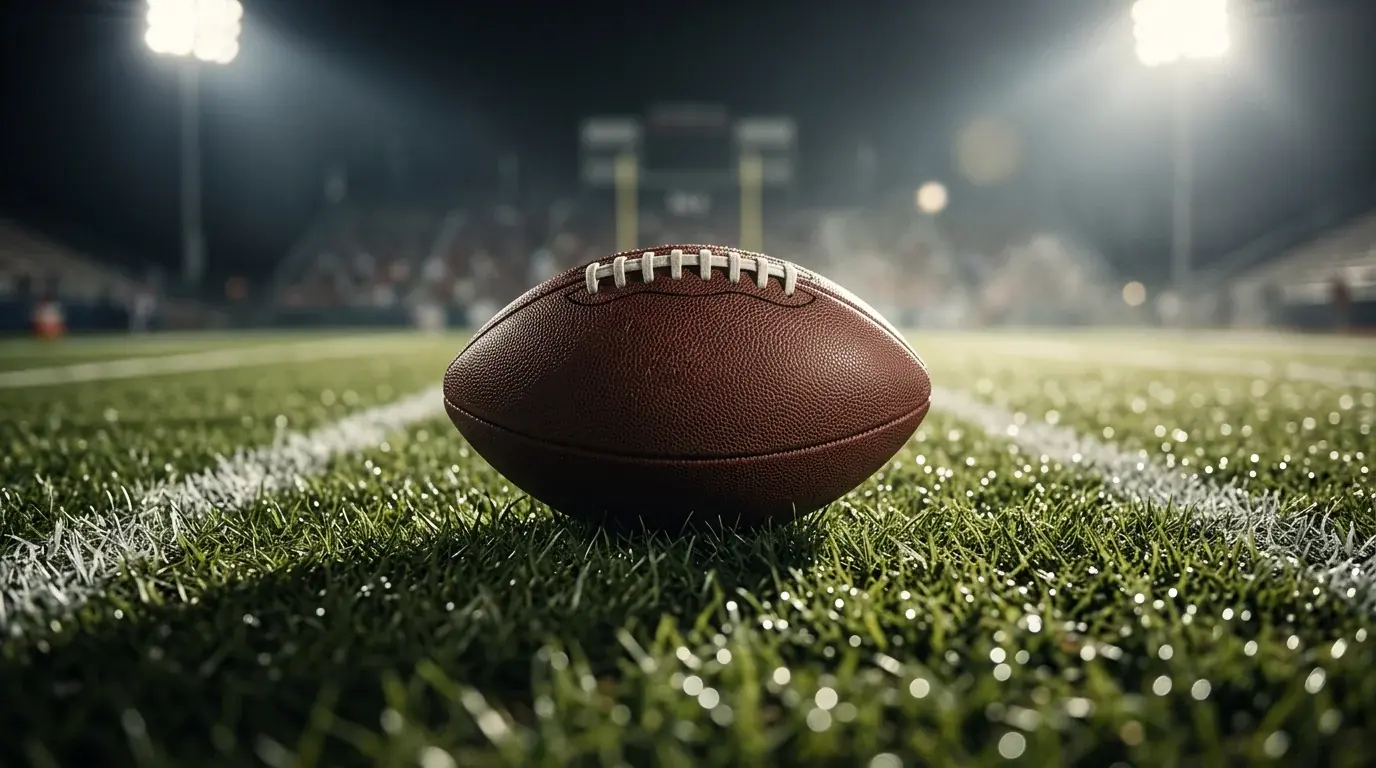 Tipos de apuestas en el College Football Playoff con balón y campo de fútbol americano